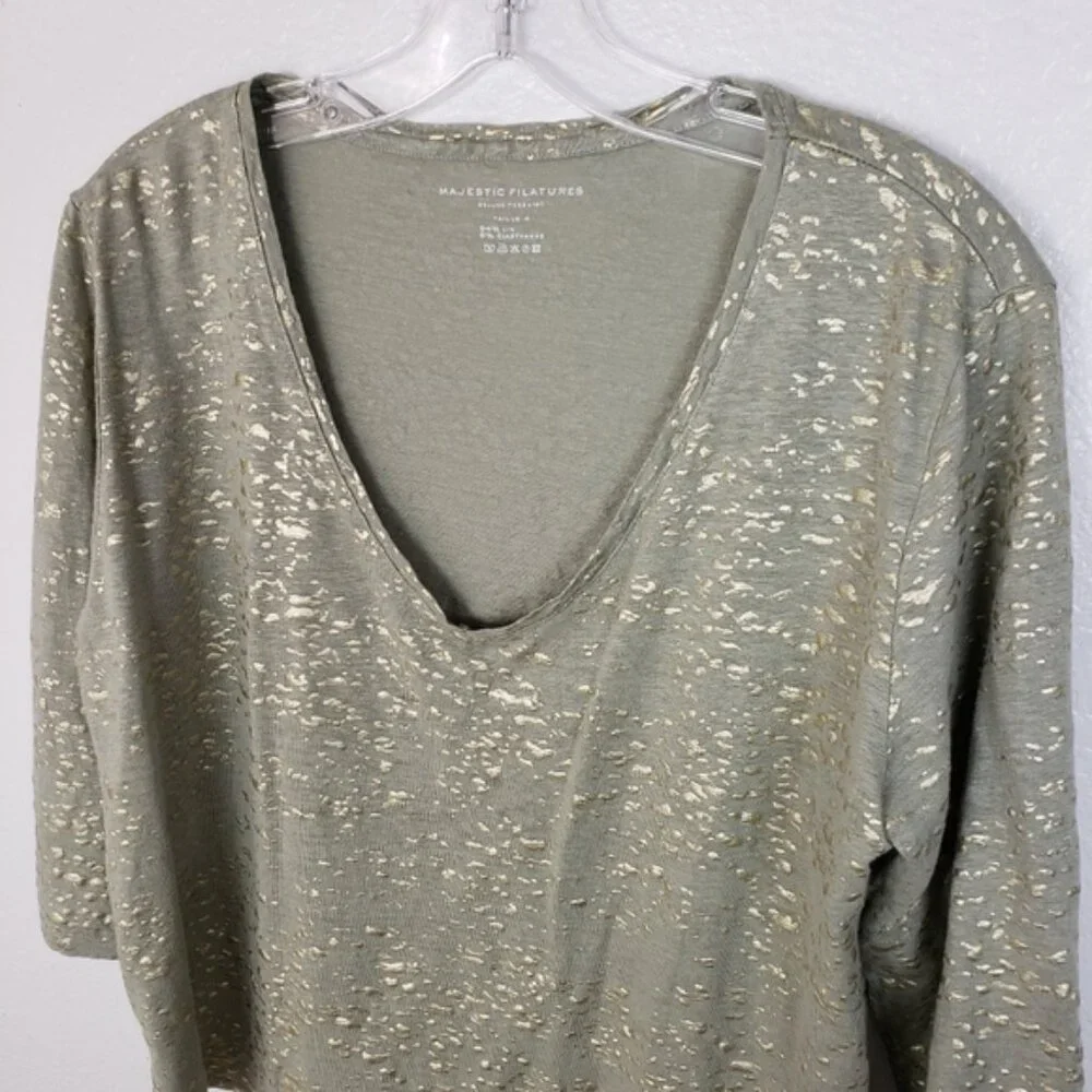Majestic Filatures Stretch Linen Metallic Novelty 3/4-Sleeve Blouse Top size L